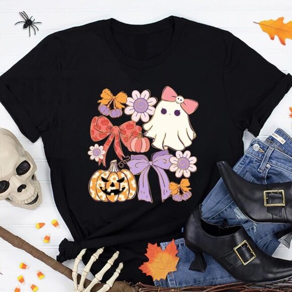 Tops - Coquette Halloween Tshirt, Retro Bows Boo Shirt, Halloween Boo Tee